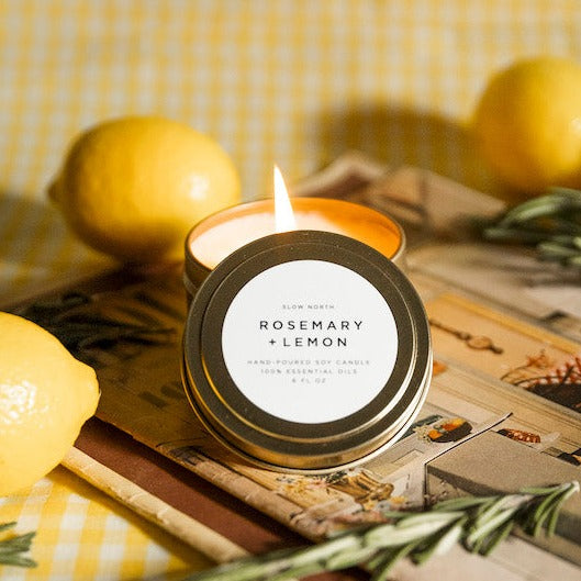 Rosemary & Lemon Soy Candle | 100% Essential Oils | Non-Toxic | Cotton Wick | Reusable Brushed Gold Tin | 20-Hour Burn | Slow North