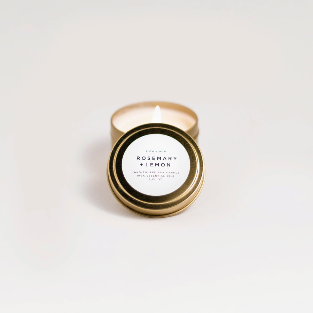 Rosemary & Lemon Soy Candle | 100% Essential Oils | Non-Toxic | Cotton Wick | Reusable Brushed Gold Tin | 20-Hour Burn | Slow North