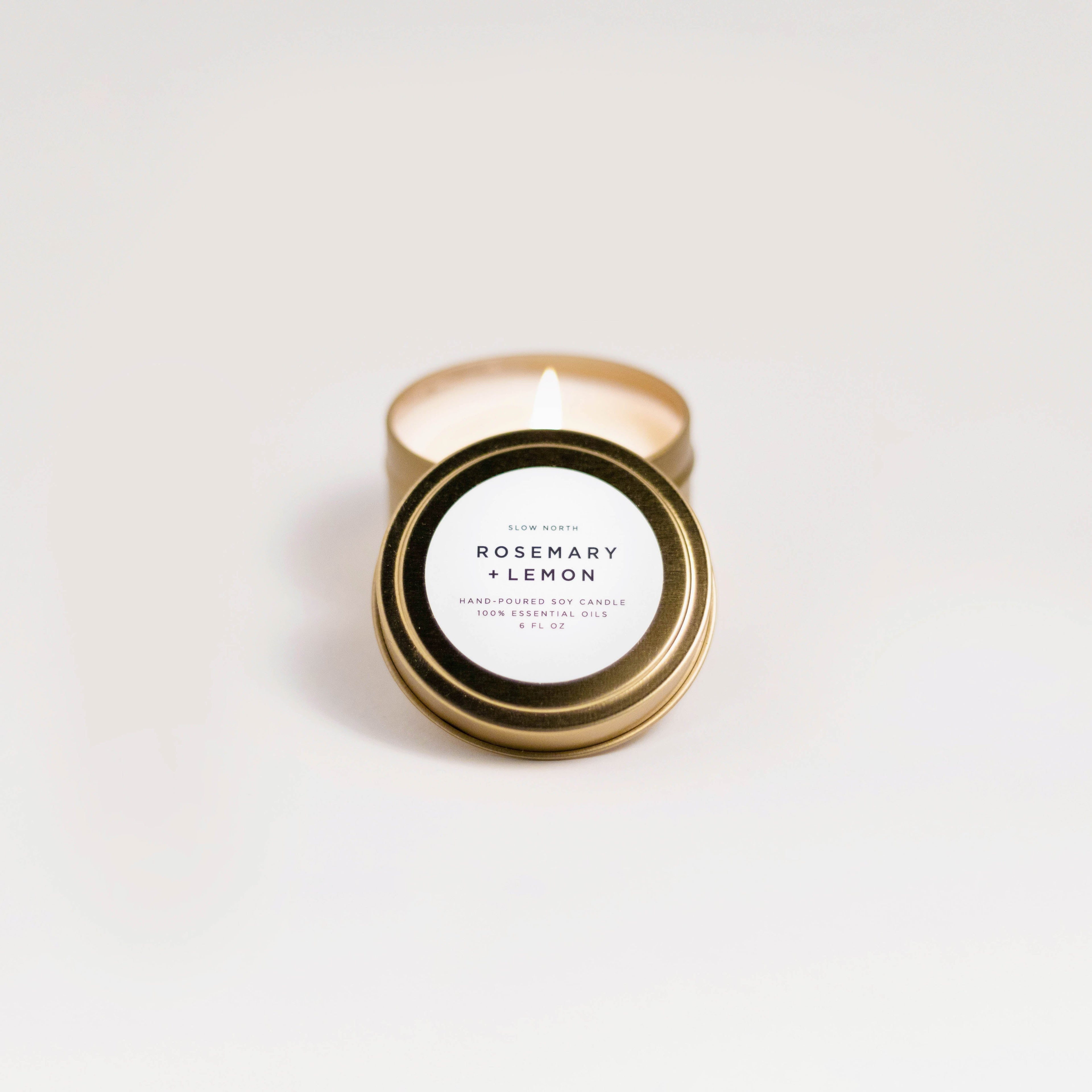 Rosemary & Lemon Soy Candle | 100% Essential Oils | Non-Toxic | Cotton Wick | Reusable Brushed Gold Tin | 20-Hour Burn | Slow North