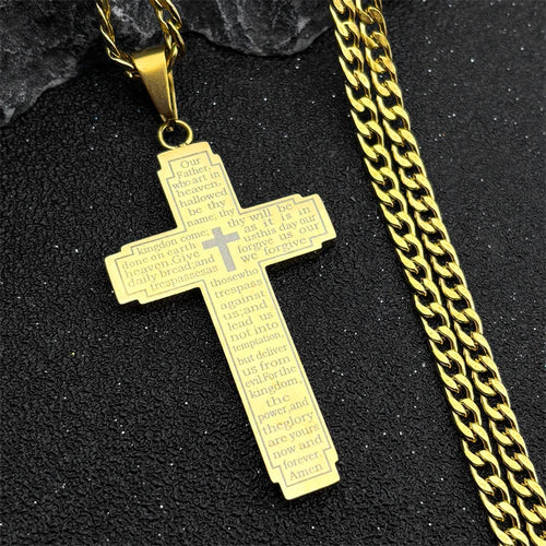 Christian Bible Cross Chain Necklace Stainless Steel Big Pendant