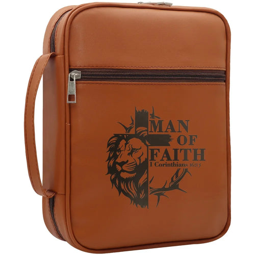 Bible Cover for Men with Handle, Man of Faith Lion Cross Print Zipper