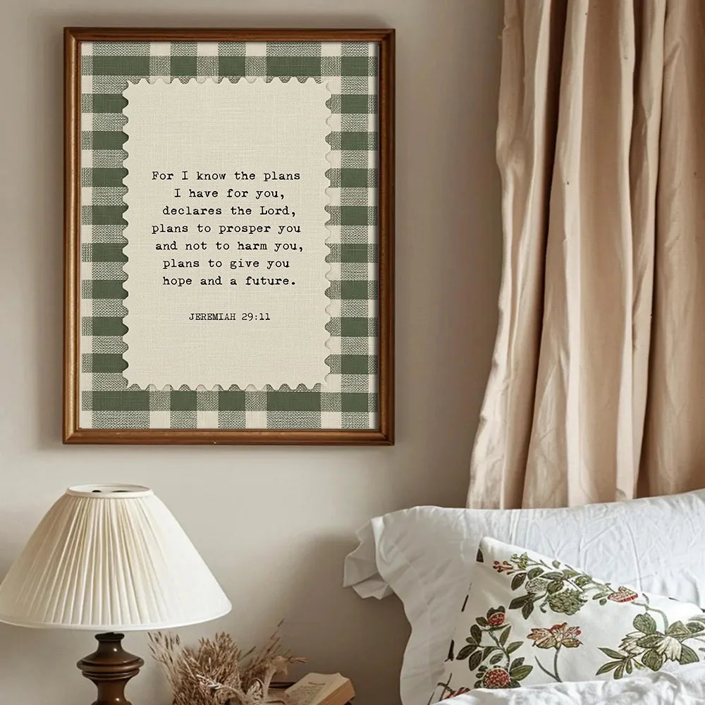 1pc Unframed Jeremiah 29:11 Bible Verse Canvas Green Gingham Christian