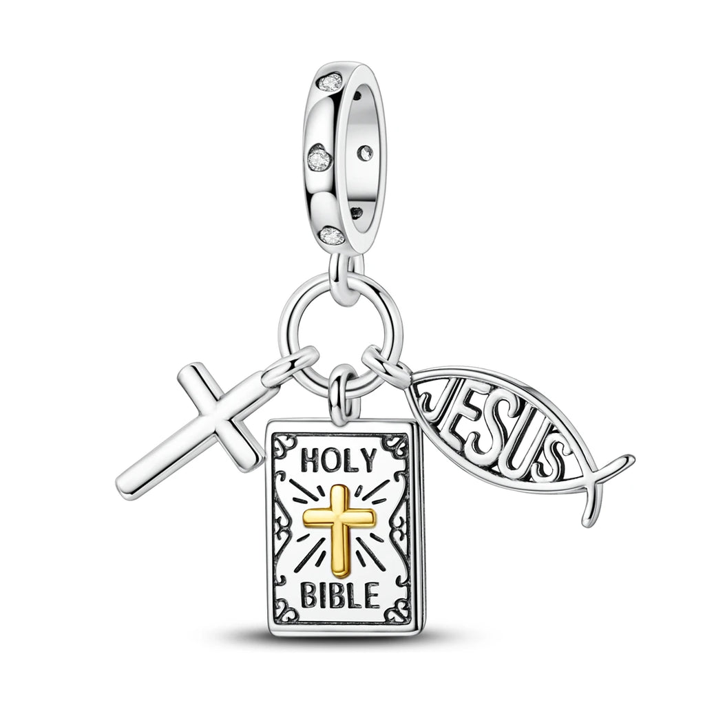 Original Charm 925 Silver Bible Cross Jesus Pendant Fit Bracelet