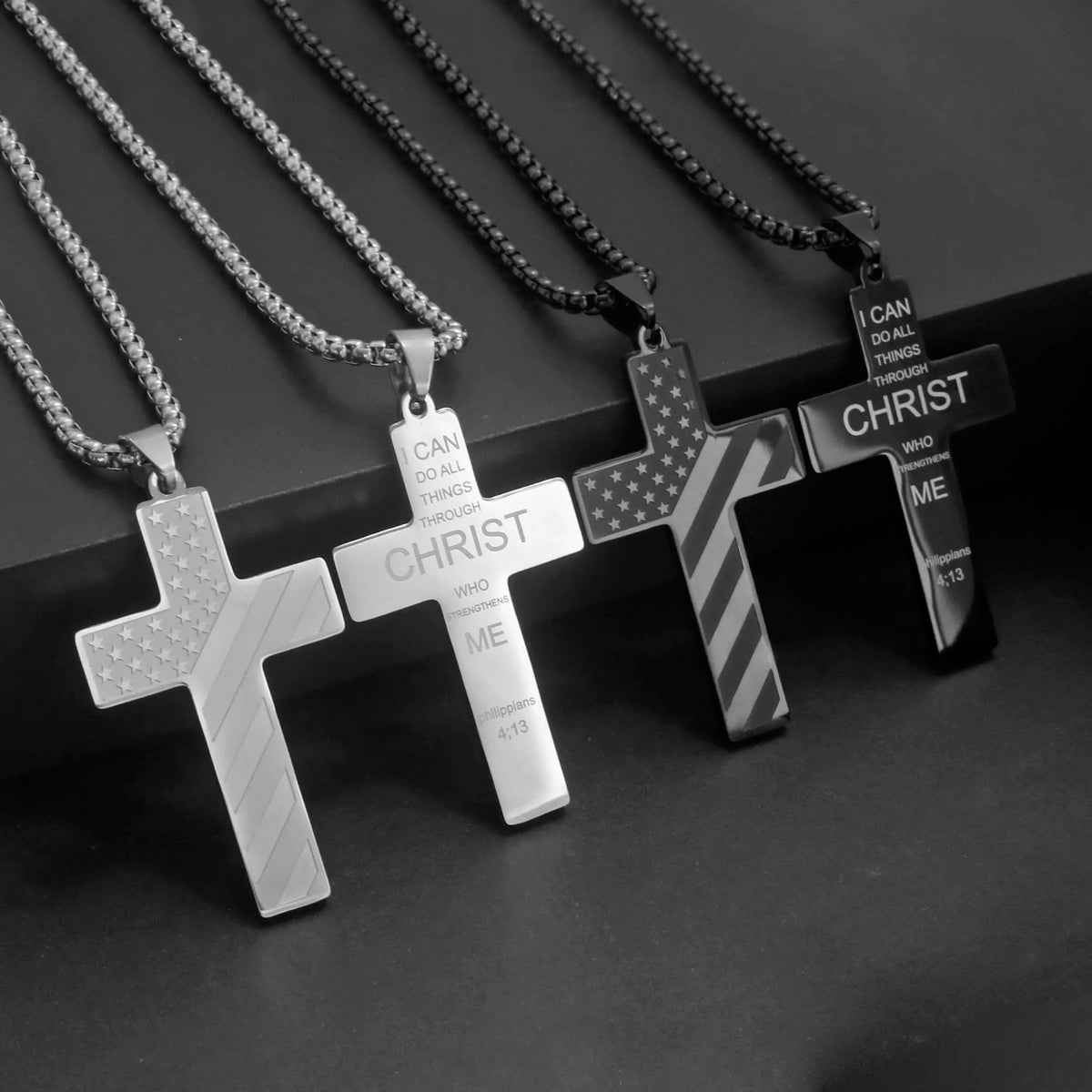 304L Stainless Steel USA Flag Cross Necklace for Men Women Bible Verse
