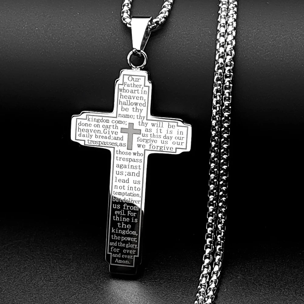 Christian Bible Cross Chain Necklace Stainless Steel Big Pendant