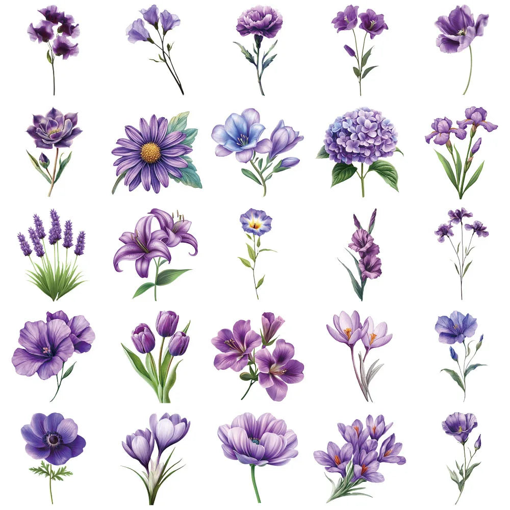 50Pcs Cartoon Purple Flower Sticker Packs Waterproof Transparent PET