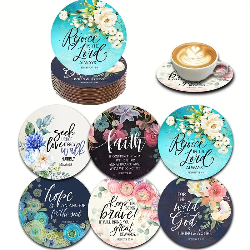 6 pcs 2D 4in Wooden Coasters Bible Verses and Floral Patterns Theme