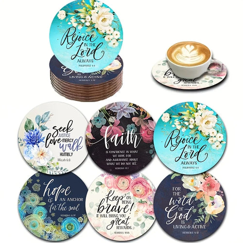 6 pcs 2D 4in Wooden Coasters Bible Verses and Floral Patterns Theme