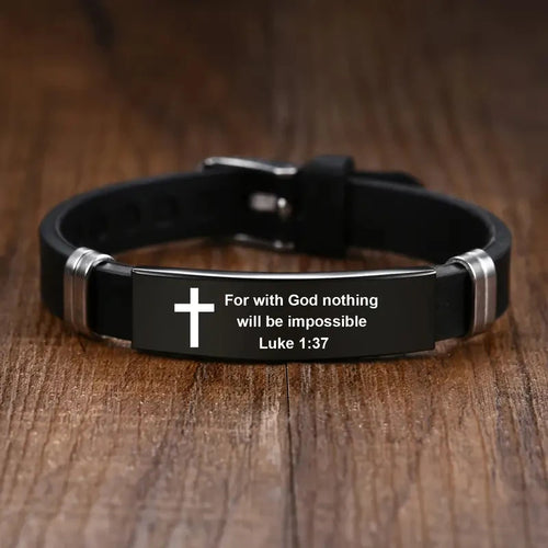 Christian Cross Bible Verse Bracelet Black Stainless Steel