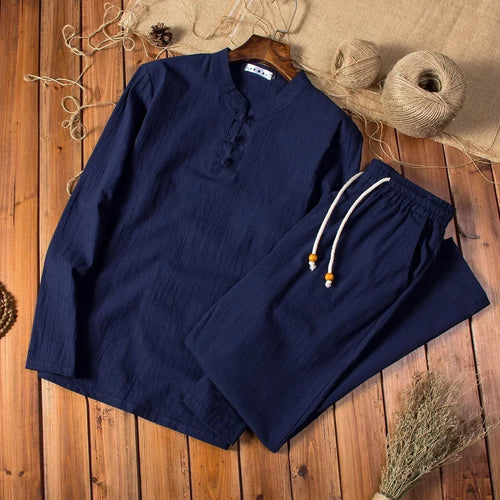 Men’s Cotton Linen Long-Sleeve Shirt & Pants Set