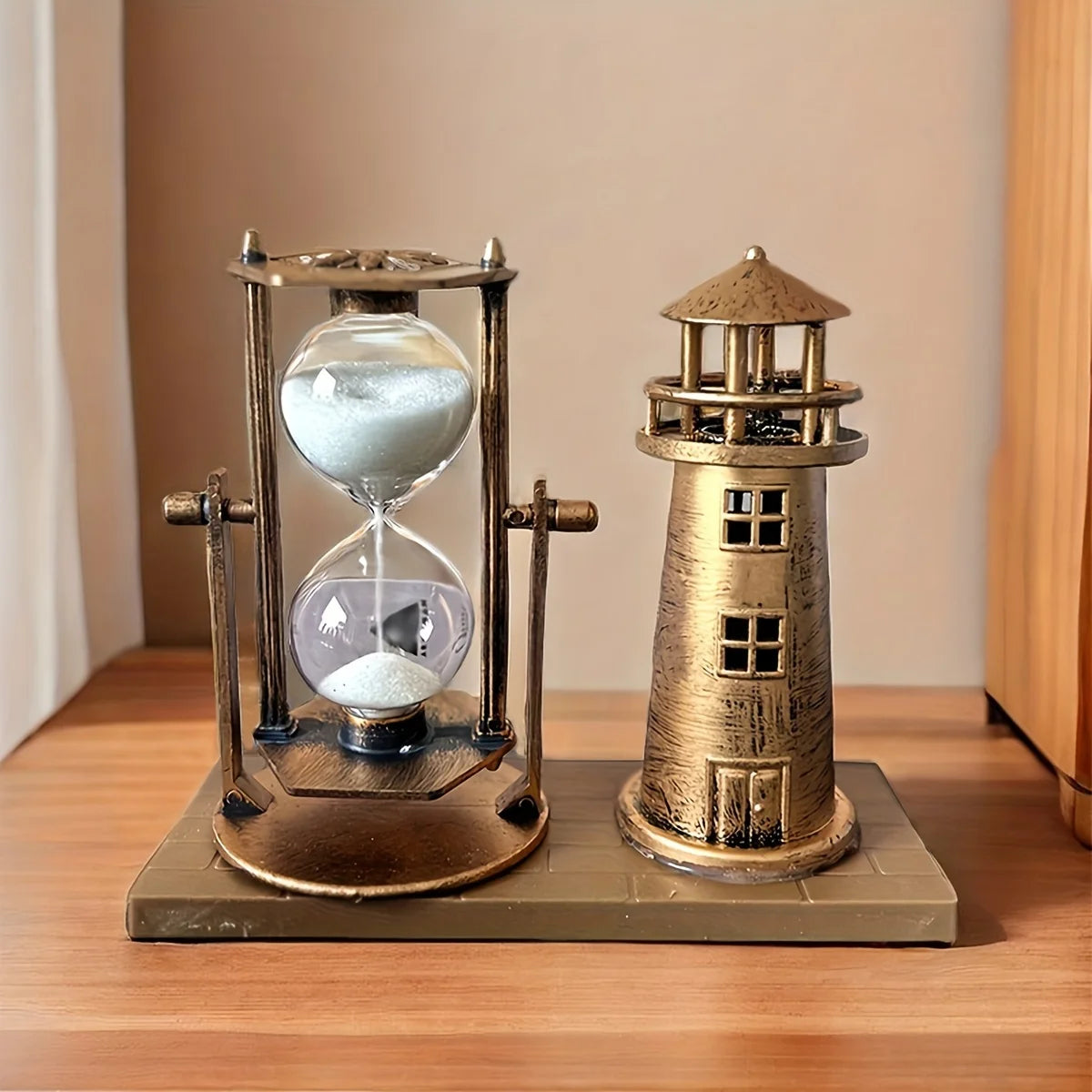 Vintage Bronze Lighthouse Hourglass Ornament — 3D Desktop Decor