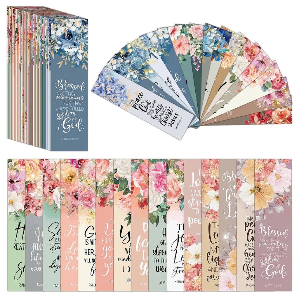30pcs Bookmarks Inspirational Bible Verses with Floral Design Front
