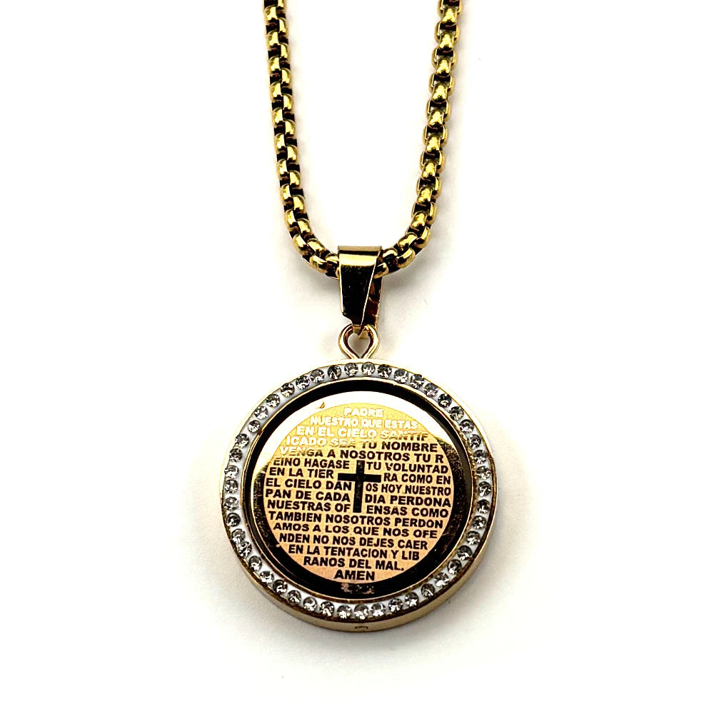The Lord's Prayer God Jesus Cross Bible Spainsh Verse Necklace for