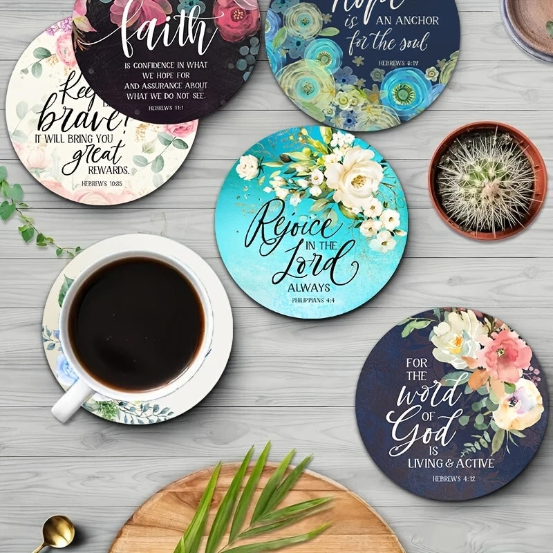 6 pcs 2D 4in Wooden Coasters Bible Verses and Floral Patterns Theme