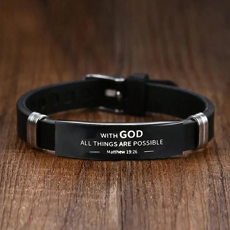 Religious Bible Verse Bracelet Black Stainless Steel Silicone