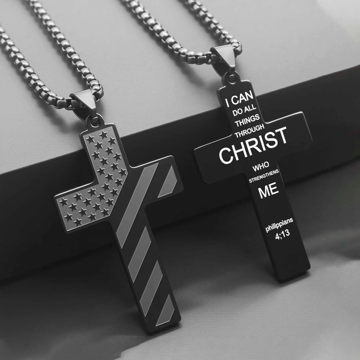 304L Stainless Steel USA Flag Cross Necklace for Men Women Bible Verse