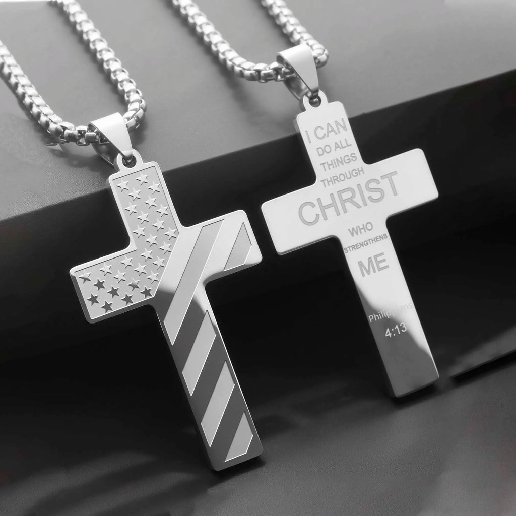 304L Stainless Steel USA Flag Cross Necklace for Men Women Bible Verse