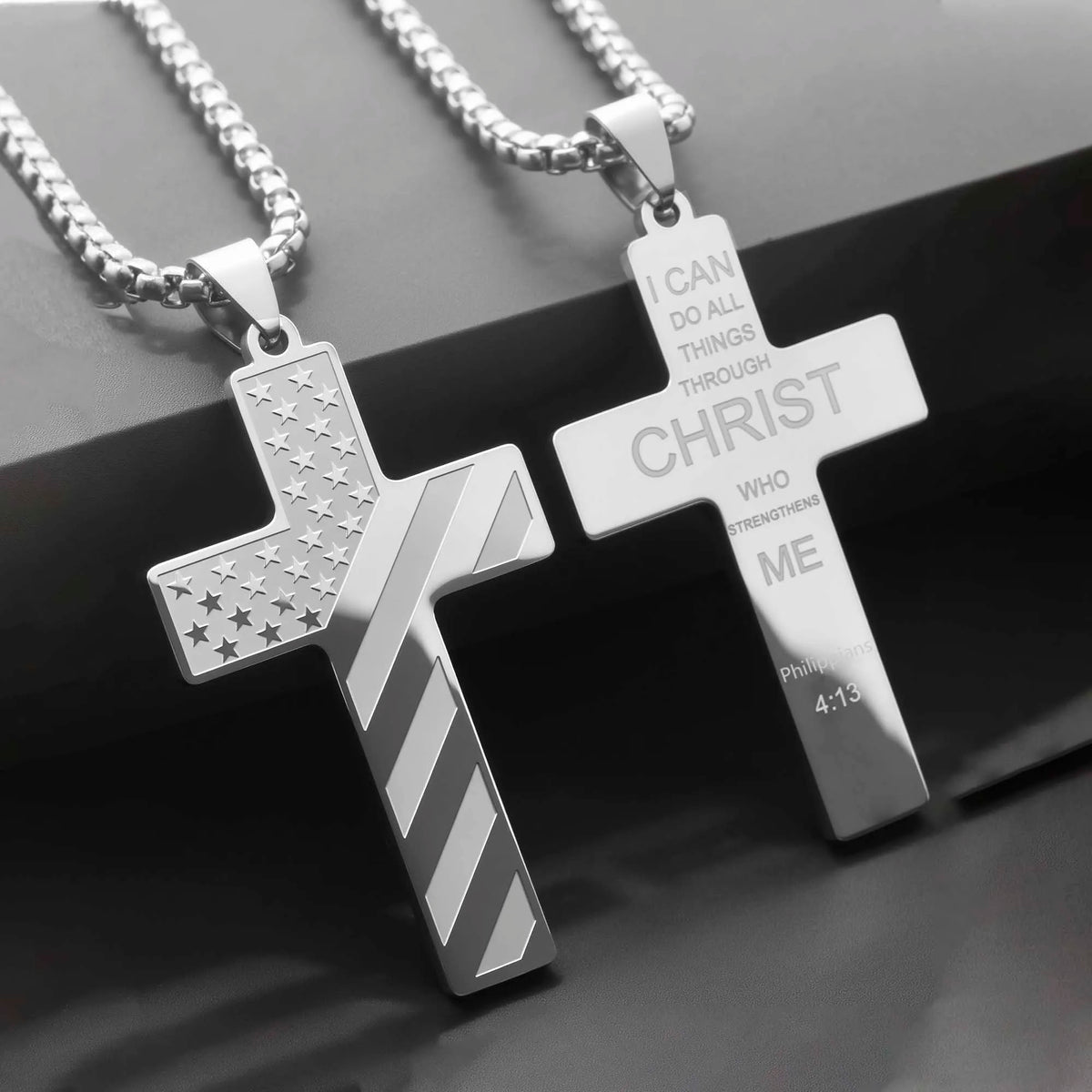 304L Stainless Steel USA Flag Cross Necklace for Men Women Bible Verse