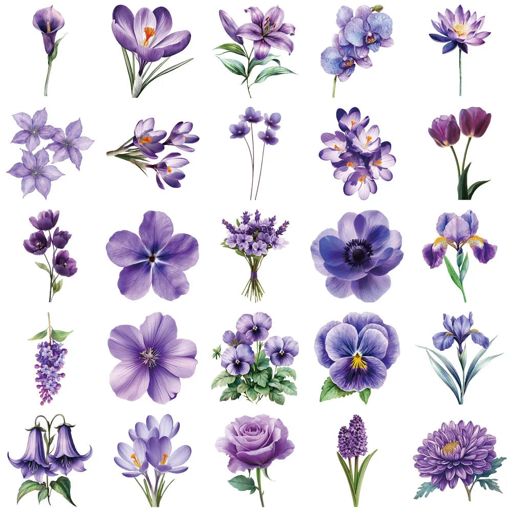 50Pcs Cartoon Purple Flower Sticker Packs Waterproof Transparent PET