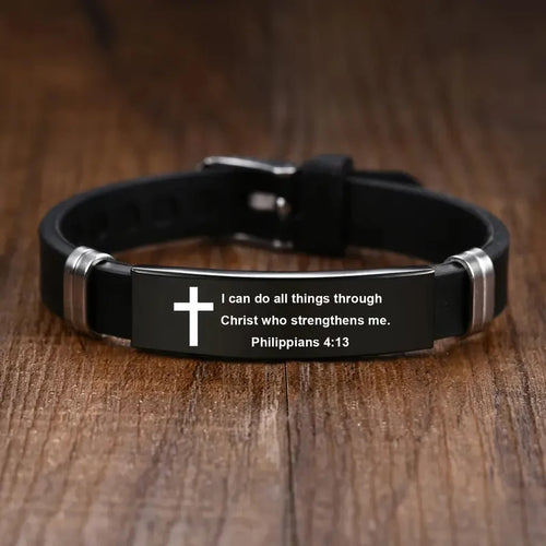 Christian Cross Bible Verse Bracelet Black Stainless Steel