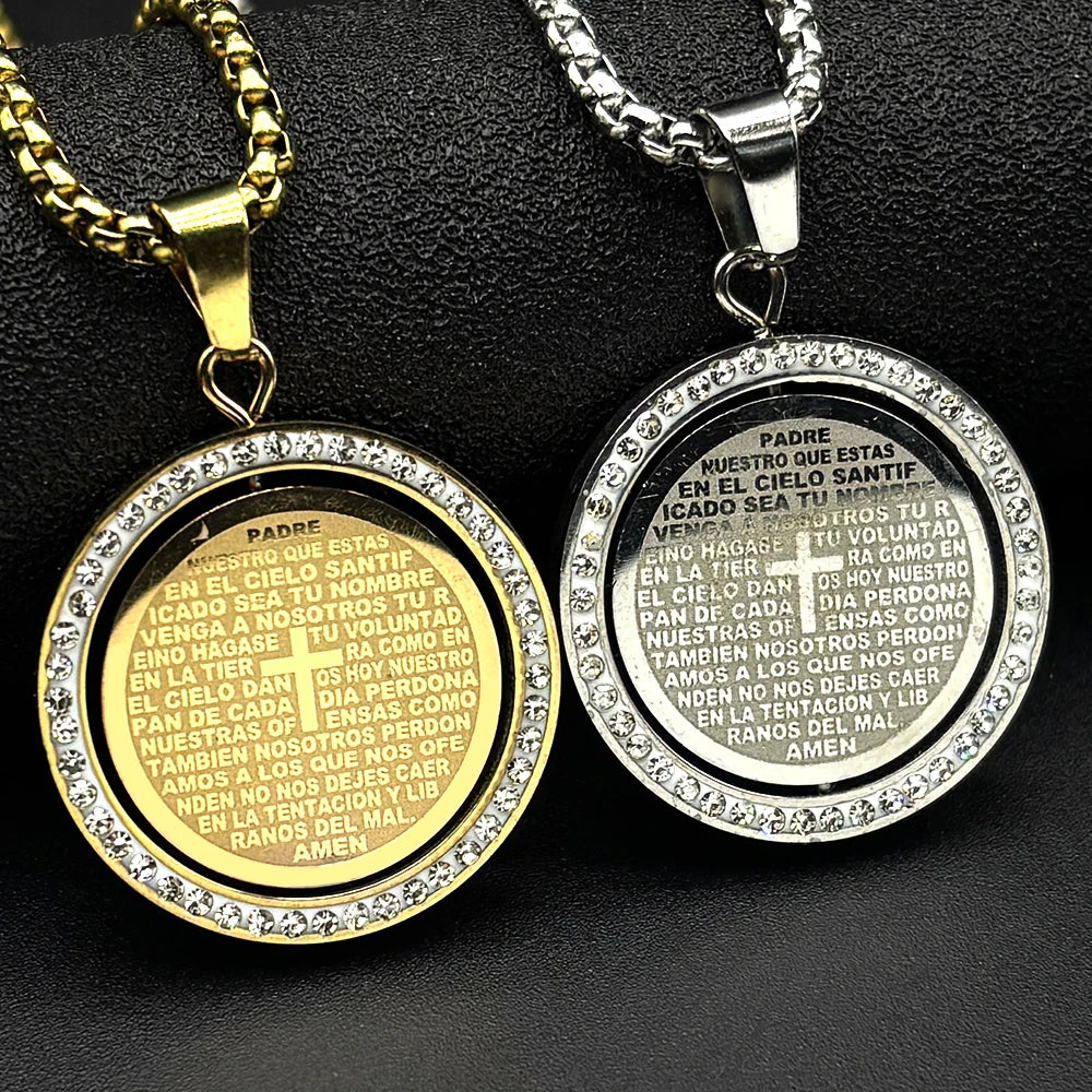 The Lord's Prayer God Jesus Cross Bible Spainsh Verse Necklace for
