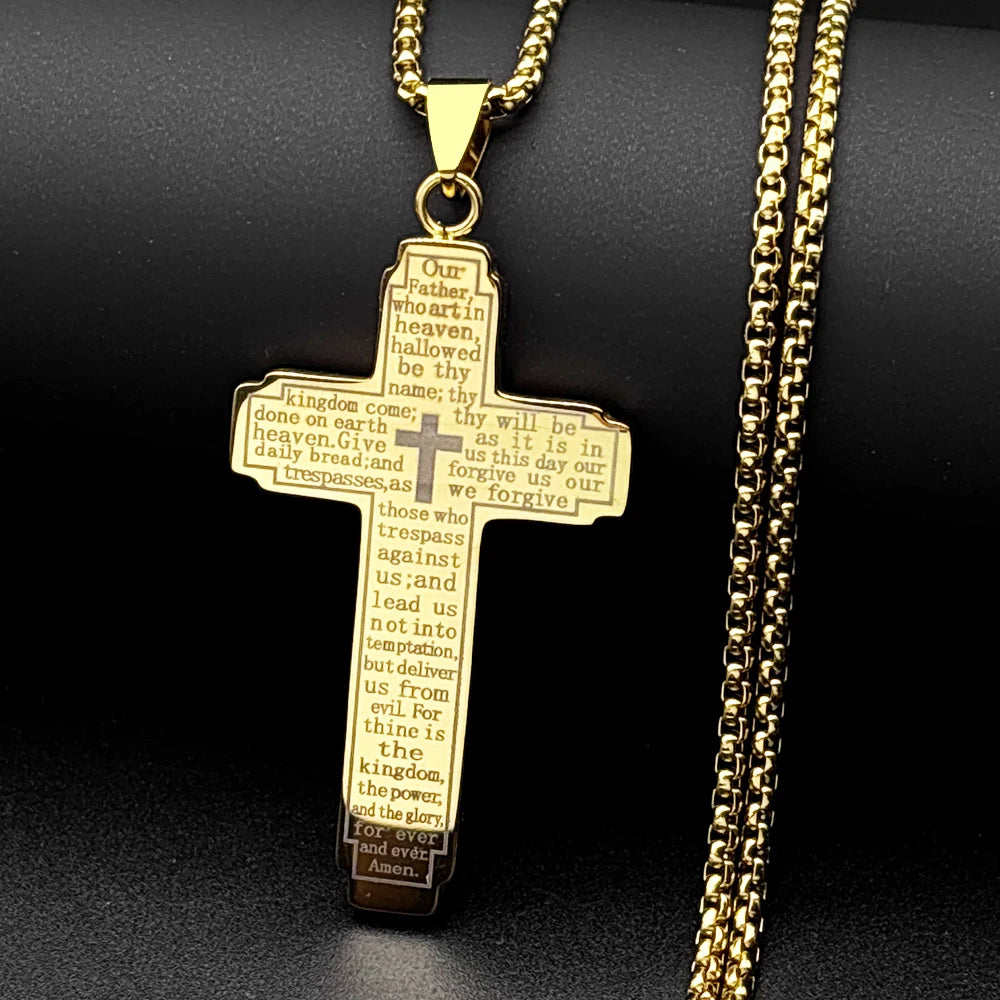 Christian Bible Cross Chain Necklace Stainless Steel Big Pendant