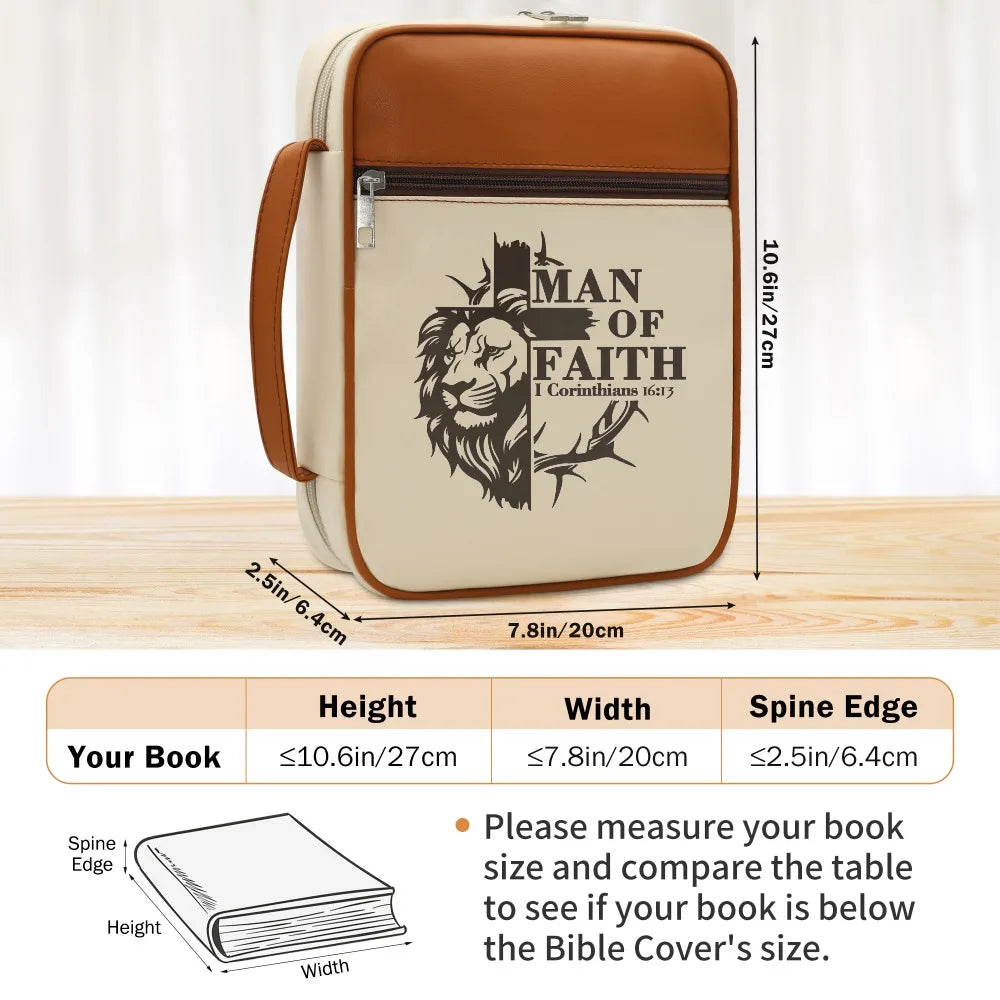 Bible Cover for Men with Handle, Man of Faith Lion Cross Print Zipper