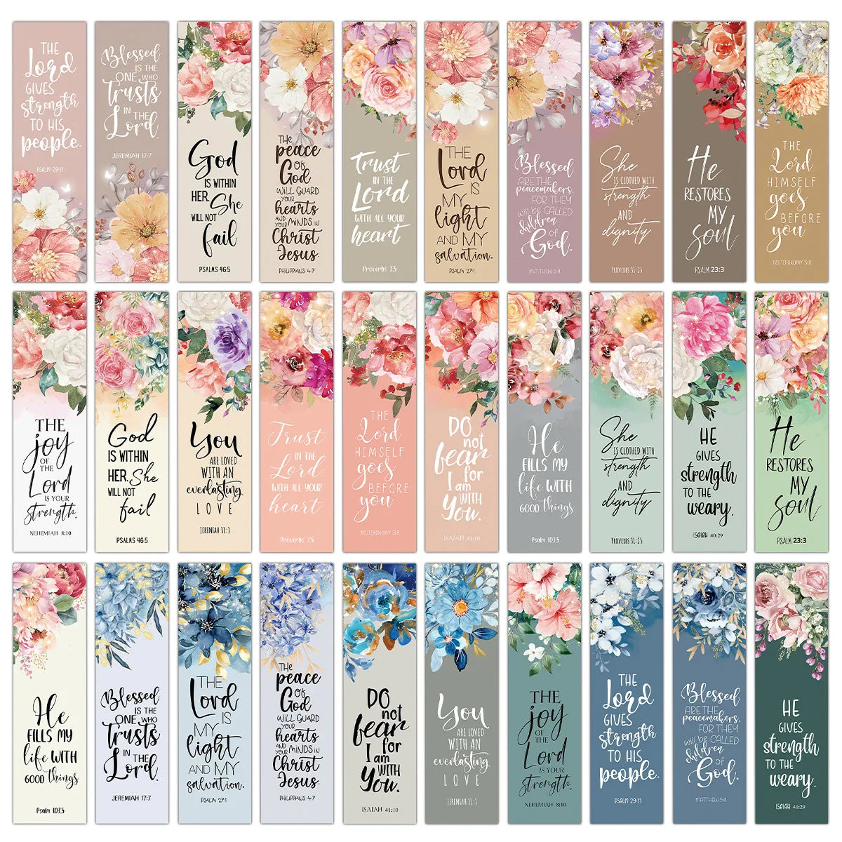 30pcs Bookmarks Inspirational Bible Verses with Floral Design Front