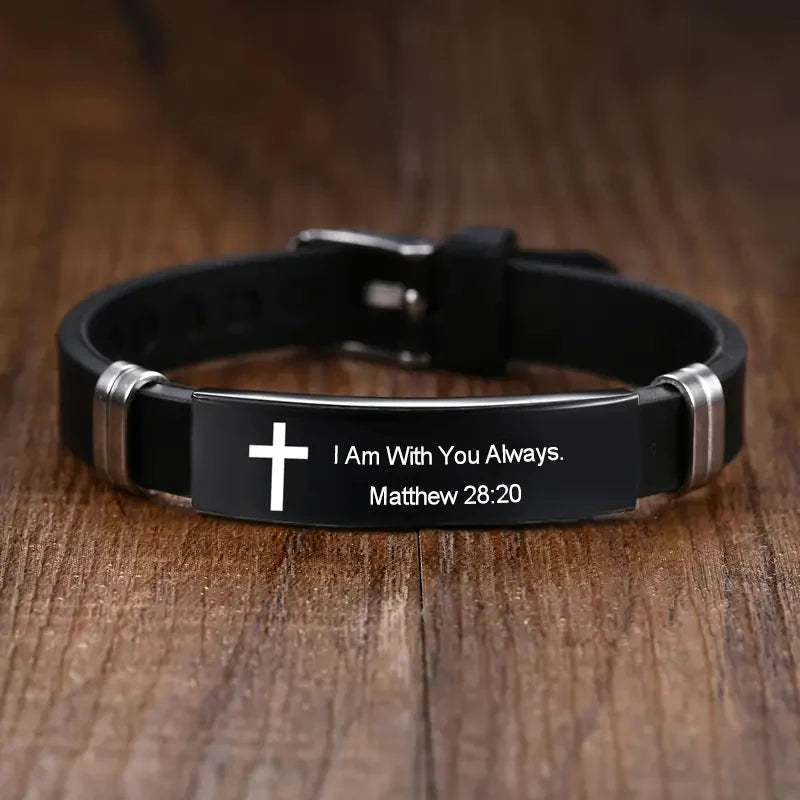 Christian Cross Bible Verse Bracelet Black Stainless Steel