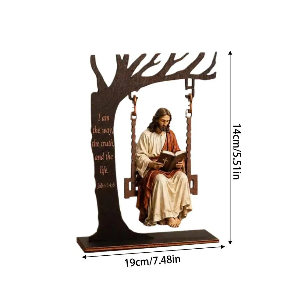 Christian Jesus Swing Tabletop Decoration Wooden Tree Frame With Bible