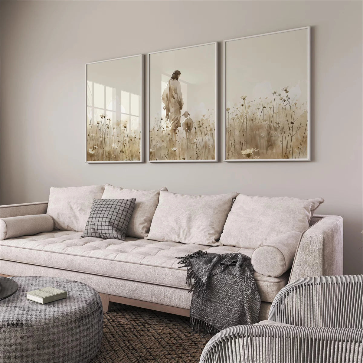 3pcs/set Jesus The Lost Sheep Wild Flower Field Canvas Print Beige