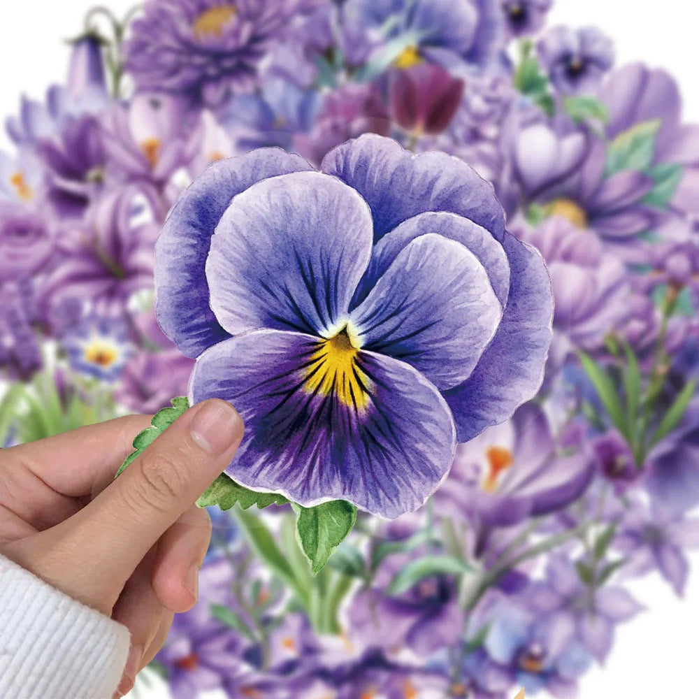 50Pcs Cartoon Purple Flower Sticker Packs Waterproof Transparent PET
