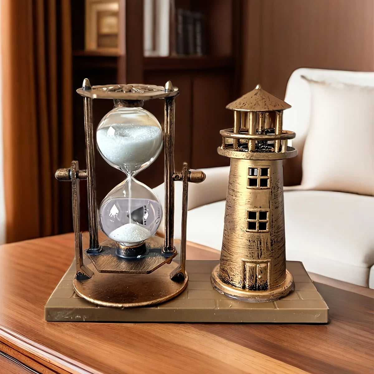 Vintage Bronze Lighthouse Hourglass Ornament — 3D Desktop Decor