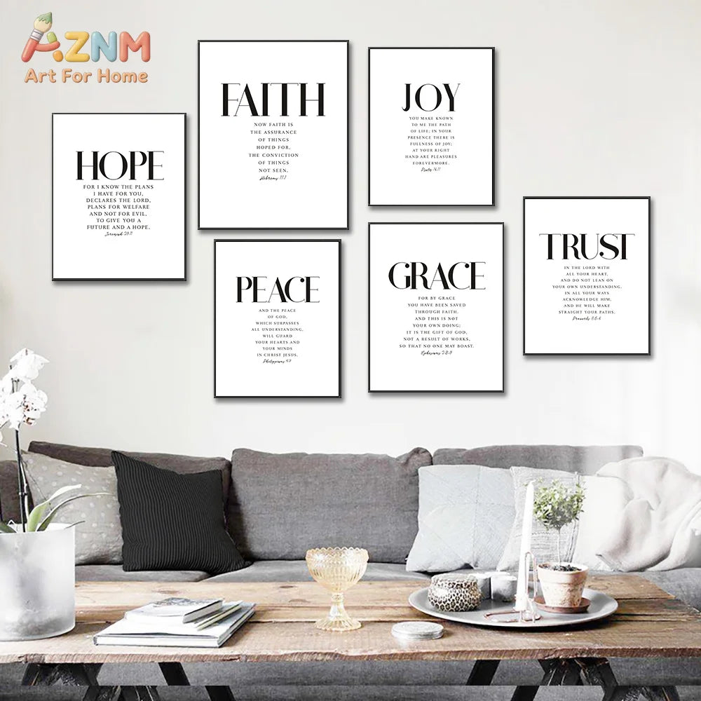 AZNM Faith Hope Joy Peace Grace Trust Bible Verse Canvas Wall Art