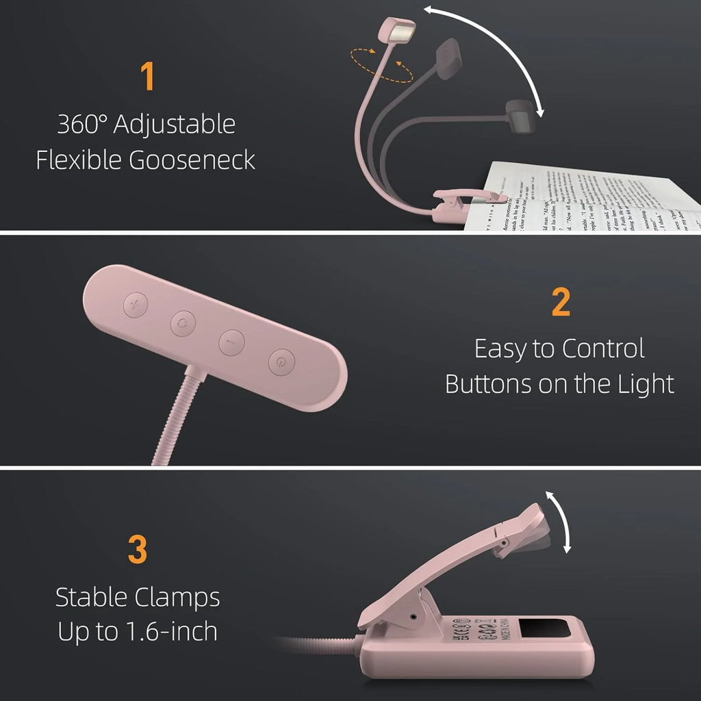 Reading Lamp Book Clamp Black/White/Pink USB Rechargeable Battery