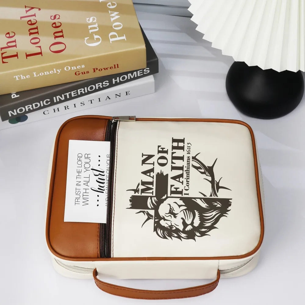 Bible Cover for Men with Handle, Man of Faith Lion Cross Print Zipper