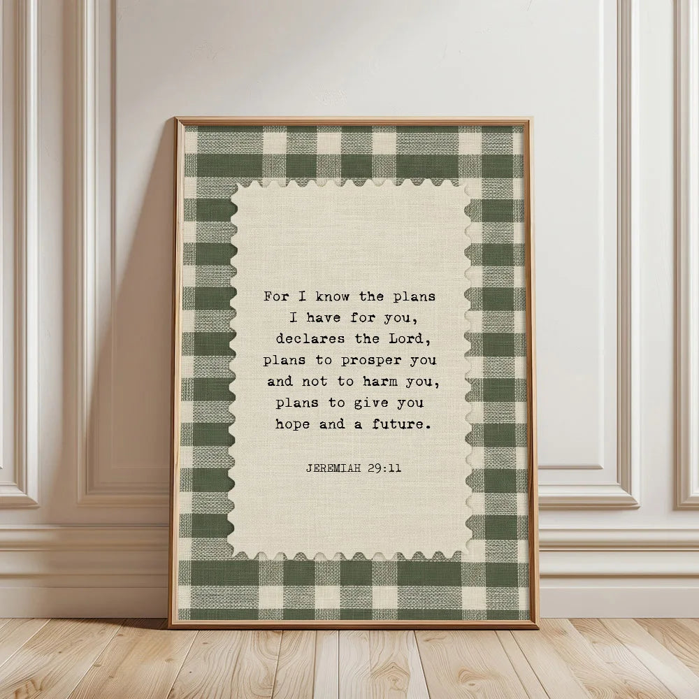 1pc Unframed Jeremiah 29:11 Bible Verse Canvas Green Gingham Christian