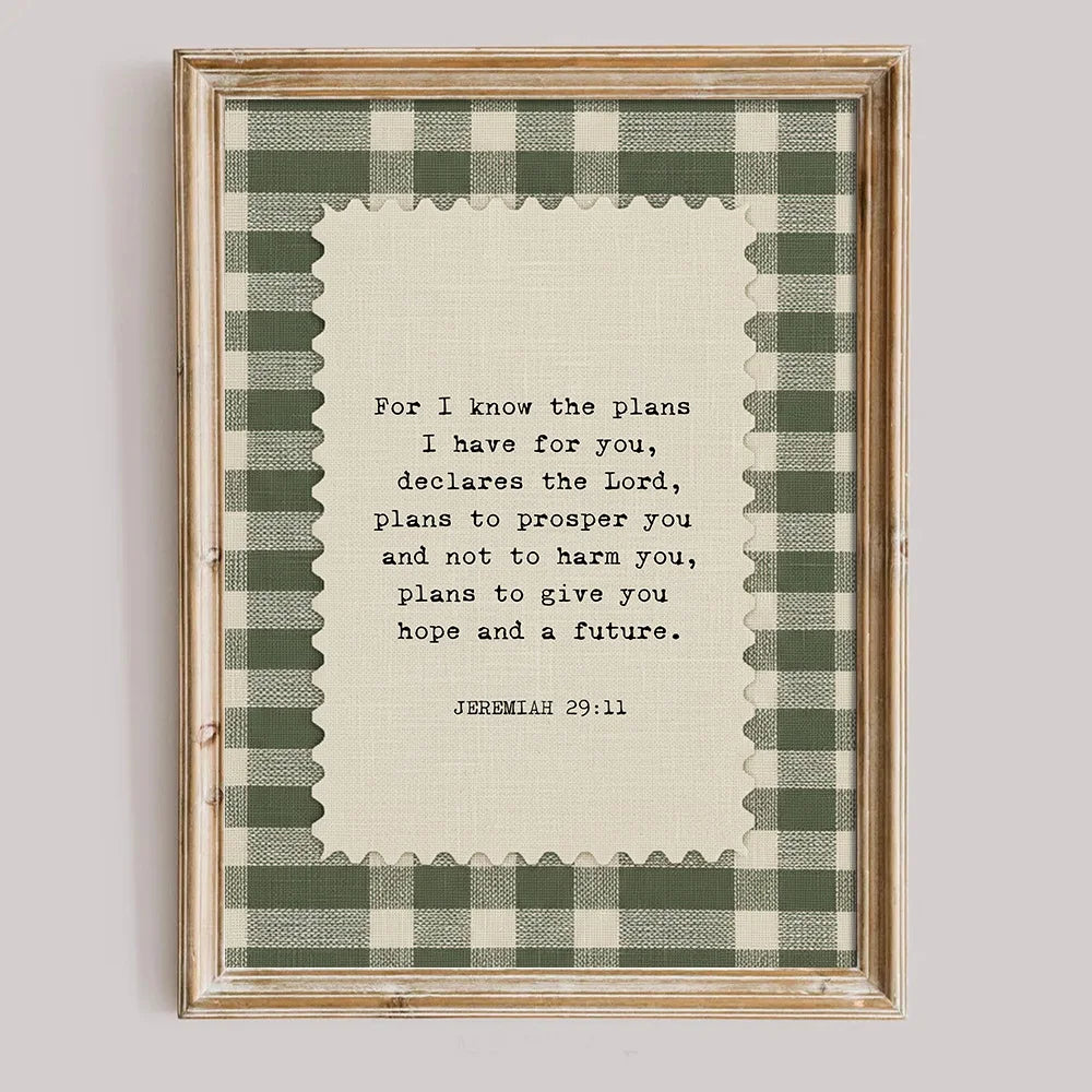 1pc Unframed Jeremiah 29:11 Bible Verse Canvas Green Gingham Christian
