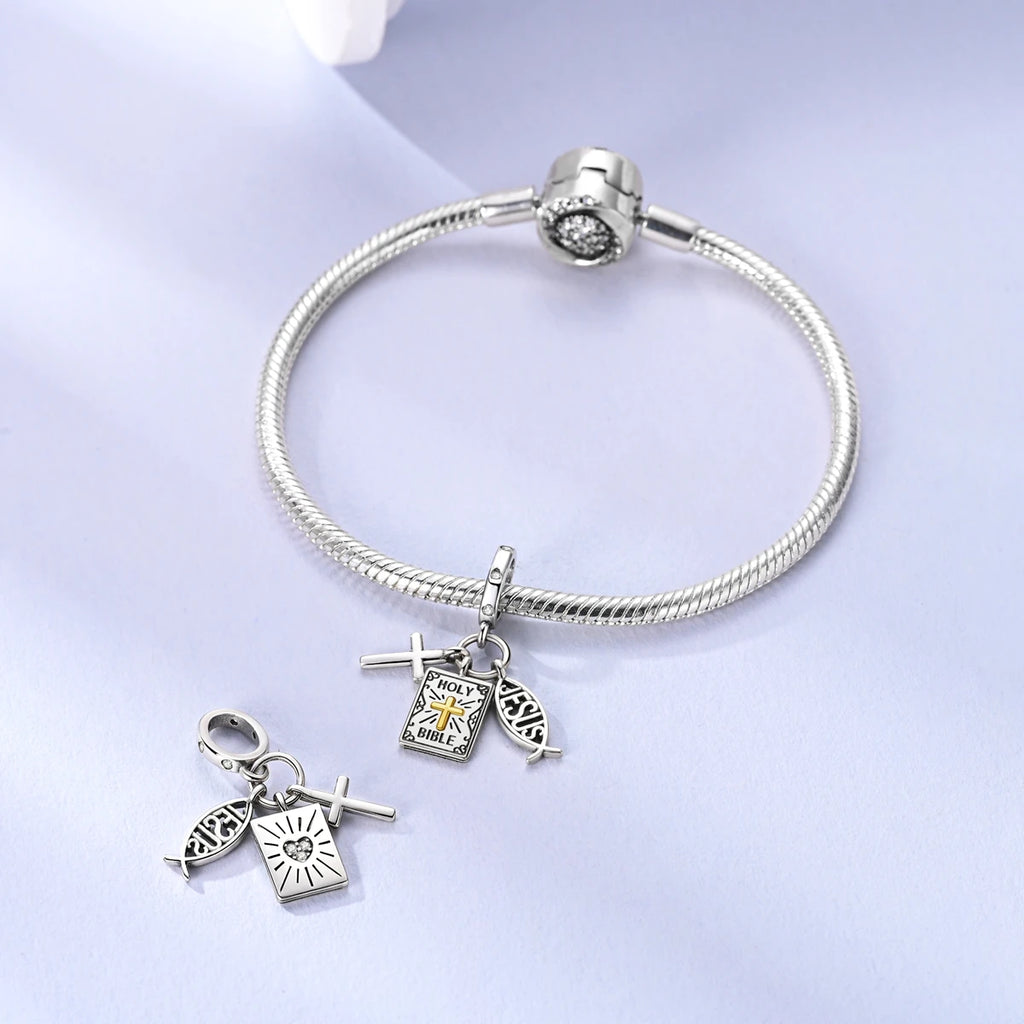Original Charm 925 Silver Bible Cross Jesus Pendant Fit Bracelet