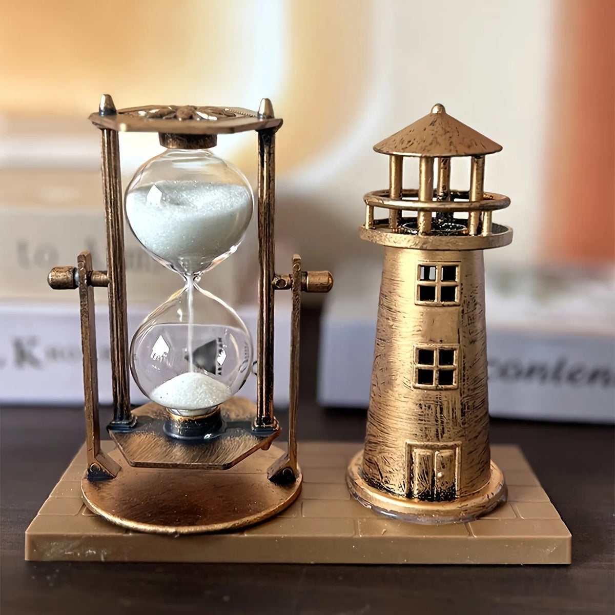Vintage Bronze Lighthouse Hourglass Ornament — 3D Desktop Decor