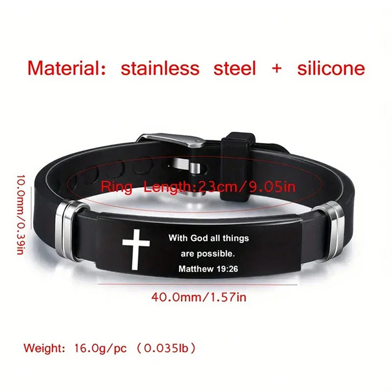 Religious Bible Verse Bracelet Black Stainless Steel Silicone