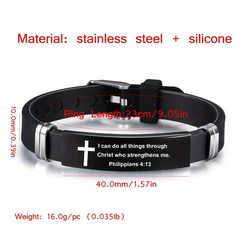 Christian Cross Bible Verse Bracelet Black Stainless Steel