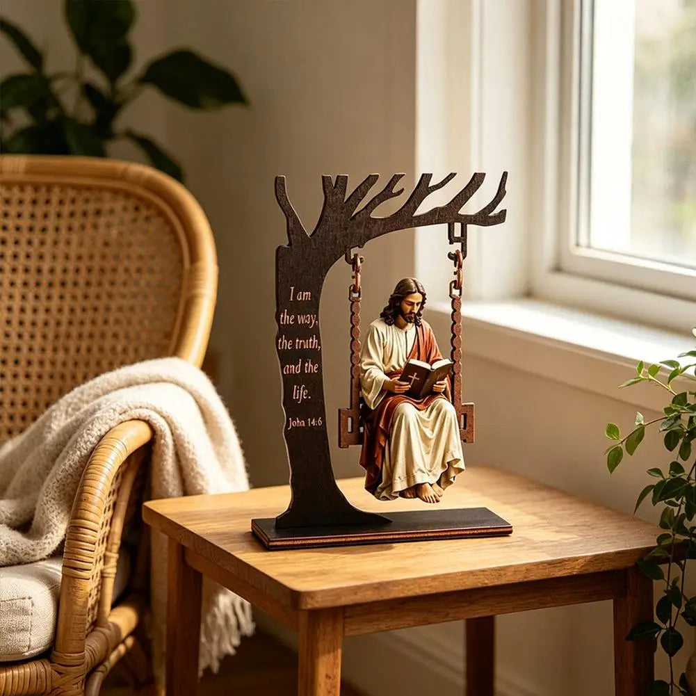 Christian Jesus Swing Tabletop Decoration Wooden Tree Frame With Bible