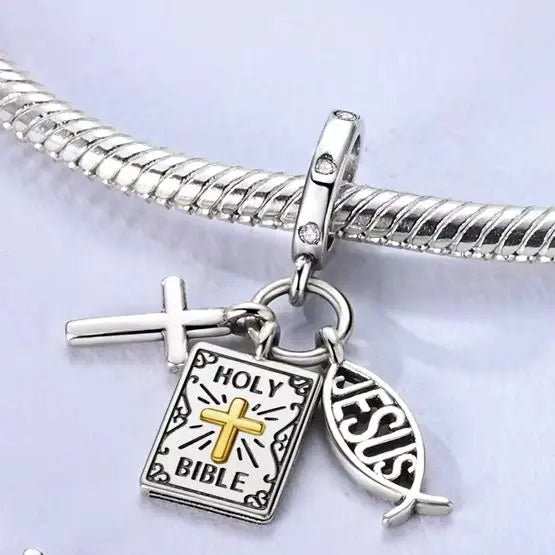 Original Charm 925 Silver Bible Cross Jesus Pendant Fit Bracelet