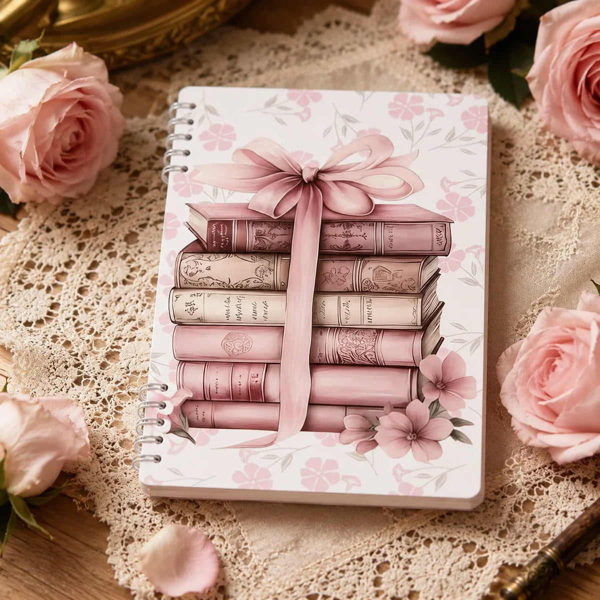 Vintage Floral Spiral Notebook Pink Book Stack Journal Planner for
