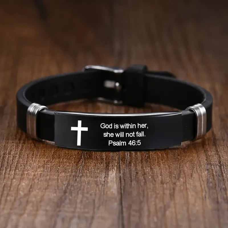 Christian Cross Bible Verse Bracelet Black Stainless Steel