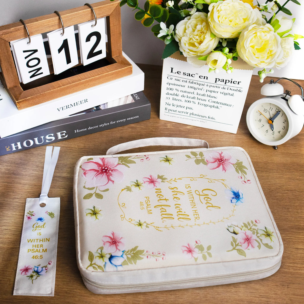 Floral Bible Cover for Women with Zipper and Handle, Large Capacity