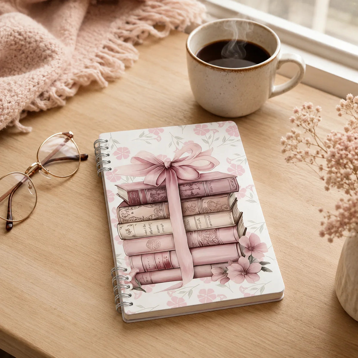 Vintage Floral Spiral Notebook Pink Book Stack Journal Planner for