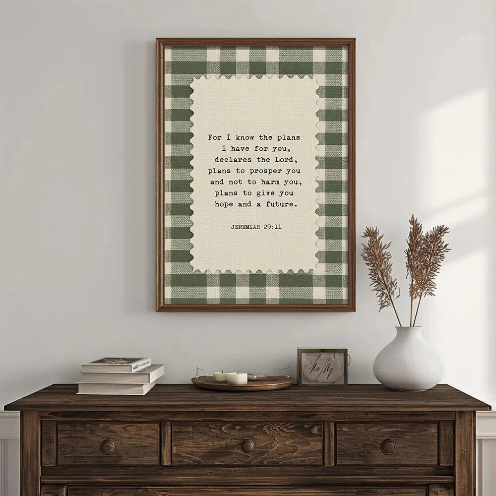 1pc Unframed Jeremiah 29:11 Bible Verse Canvas Green Gingham Christian
