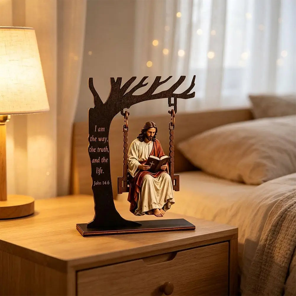 Christian Jesus Swing Tabletop Decoration Wooden Tree Frame With Bible